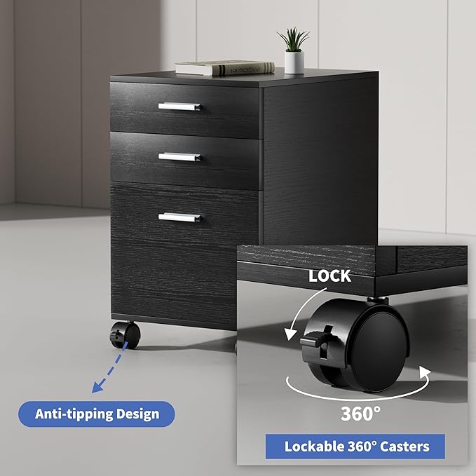3 Drawer File Cabinet with WheelsPre-Assembled Black Wood OrganizerFits A4/Letter Size for Home OfficeMobile Printer Stand Storage19 L x 16 W x 22 H
