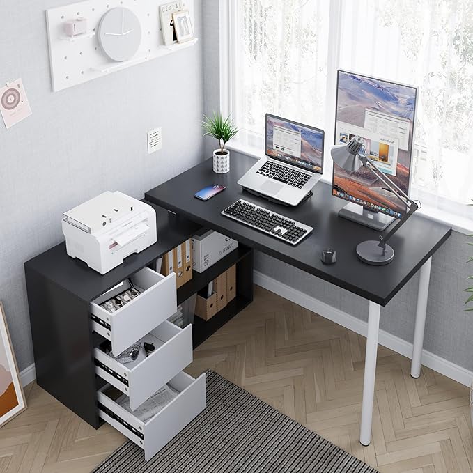 Home Office Computer Desk Corner Desk with 3 White Drawers and 2 Shelves 53-inch L-Shaped Study Desk with Storage Black + White
