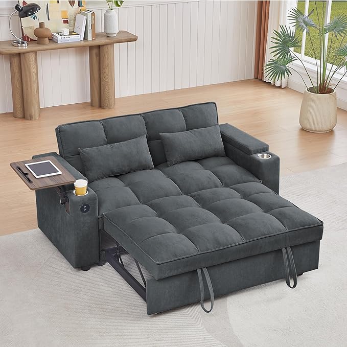 65'' Convertible Sleeper Sofa Bed with Adjustable Backrest Chaise Lounge Side Table &amp USB/Type-C Ports – Stylish &amp Functional Addition to Any Living Room (Drak Grey)