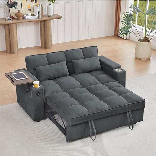 65'' Convertible Sleeper Sofa Bed with Adjustable Backrest Chaise Lounge Side Table &amp USB/Type-C Ports – Stylish &amp Functional Addition to Any Living Room (Drak Grey)