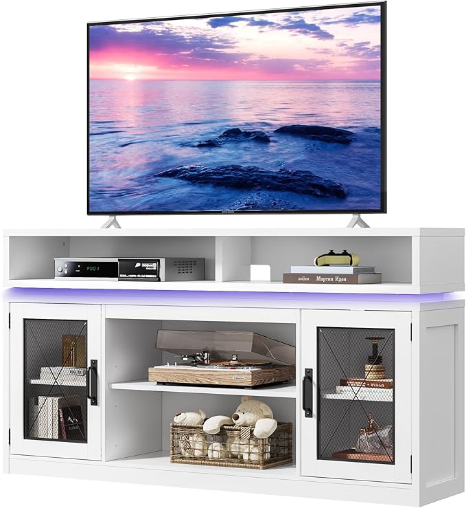 WLIVE Farmhouse TV Stand for TVs Up to 65 Inches Tall Entertainment Center with Storage Cabinets &amp LED Lights Media Console for Living Room Bedroom Home Theater White