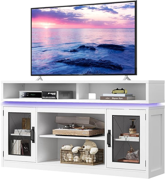 WLIVE Farmhouse TV Stand for TVs Up to 65 Inches Tall Entertainment Center with Storage Cabinets &amp LED Lights Media Console for Living Room Bedroom Home Theater White