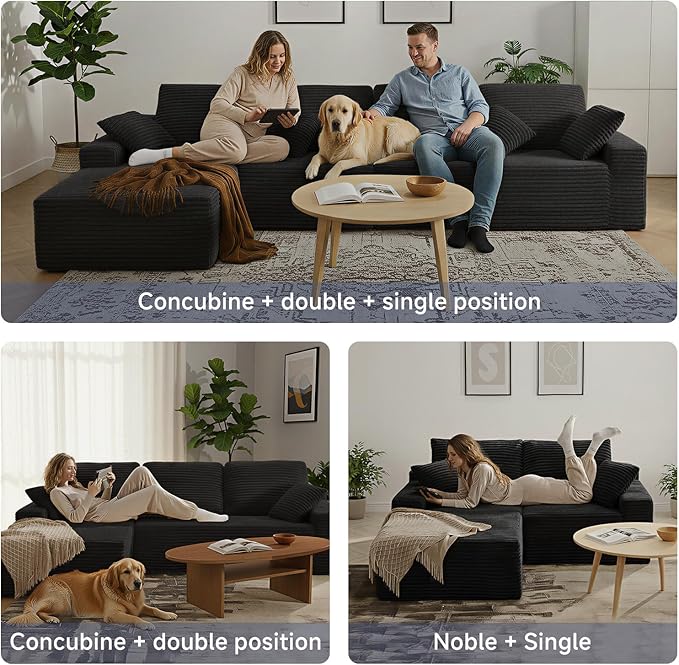 105 Cloud Modular Boneless Couch Left Facing L-Shaped Chaise Sectional Sofa - No Assembly Required Plush Corduroy &amp Memory Foam for Living Room Bedroom Apartment (Black)