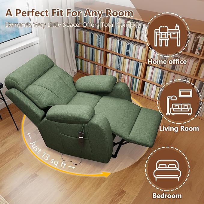 cinkehome Small Power Lift Recliner for Elderly Lift Chair Recliners Electric Recliner Chairs for Seniors Remote Control Adjustable Side Pocket (Green)