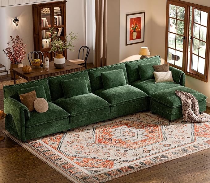 ELUCHANG Oversized 153 Modular Sectional Sofa Comfy Cloud Couch L Shaped Deep Seat Sofa Couches for Living Room 5-Seater Modern Sofa with Movable Ottoman DIY Combination - Chenille Green