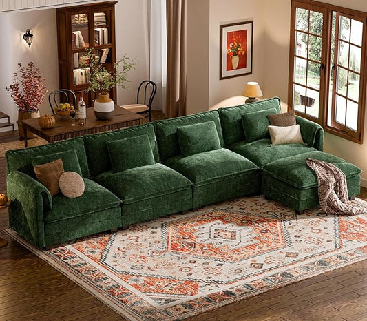 ELUCHANG Oversized 153 Modular Sectional Sofa Comfy Cloud Couch L Shaped Deep Seat Sofa Couches for Living Room 5-Seater Modern Sofa with Movable Ottoman DIY Combination - Chenille Green