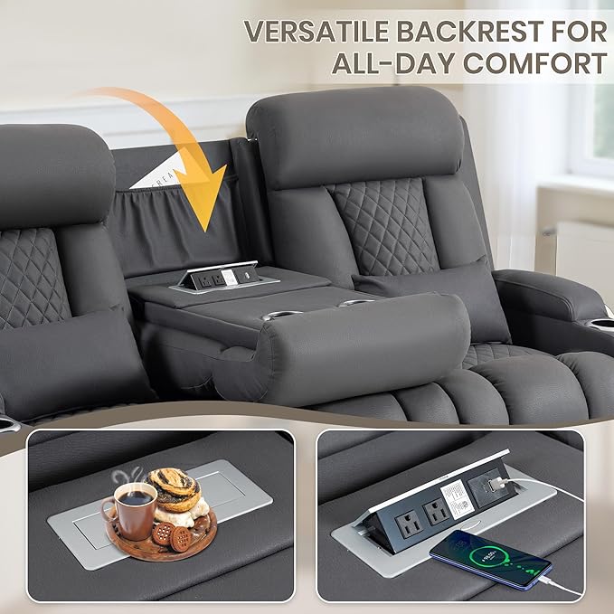 Wall Hugger Power Reclining Sofa with Manual Adjustable Headrests Electric Recliner Couch with Drop-Down Table Power Recliner Sofa 3-Seater with Charging Ports for Living Room (Grey)