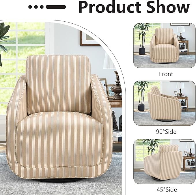 CANMOV Swivel Accent Chair Square Chair Suitable for Use in Living Room Bedroom Small Spaces and can Swivel Smoothly. Swivel Barrel Reading Chair with Thick Padded Backrest Cushion Brown Stripe