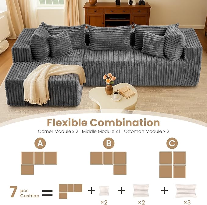 104 Inch Cloud Couch SectionalCorduroy Boneless Couches for Living RoomL-Shaped Modular Sectional Sofa with Removable Ottoman and Deep SeatNo Assembly RequiredGrey