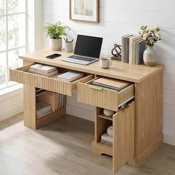 White Farmhouse Desk with Drawers &amp Charging Station Wood Executive Desk with Storage Cabinet &amp Keyboard Tray Computer Desks with Monitor Stand &amp Pegboard for Home Office (Light Oak)