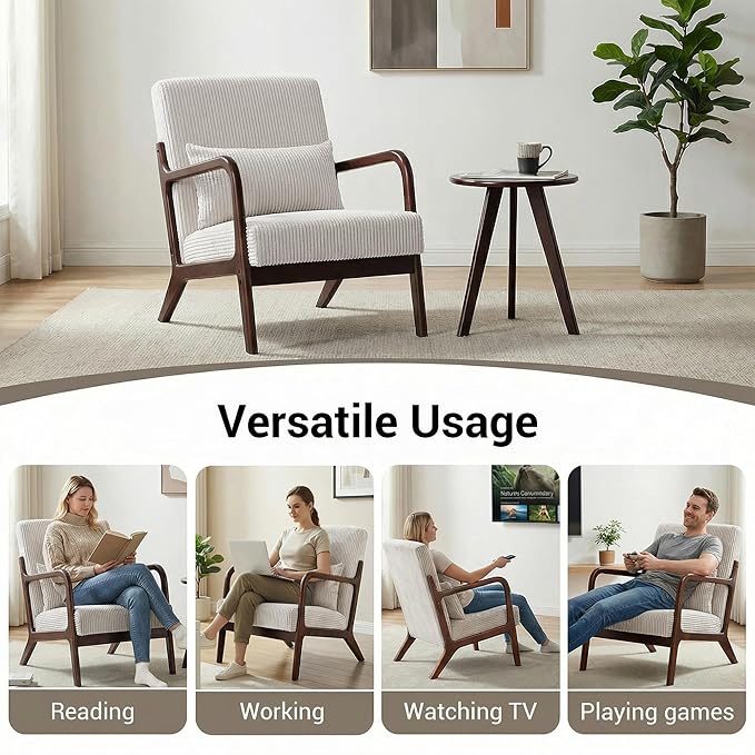 Accent Chair with Side Table Comfy Arm Chair with Solid Wood Frame Upholstered Mid-Century Modern Chair for Living Room Bedroom Waiting Room Beige