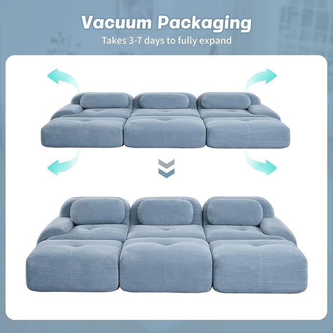 Modular Sectional Sofa Boneless Couch Corduroy Cloud Couch Modern Deep Seat Comfy Sectional Couches for Living Room Oversized 6 Seater Sofa for Bedroom Apartment - No Assembly(Blue)