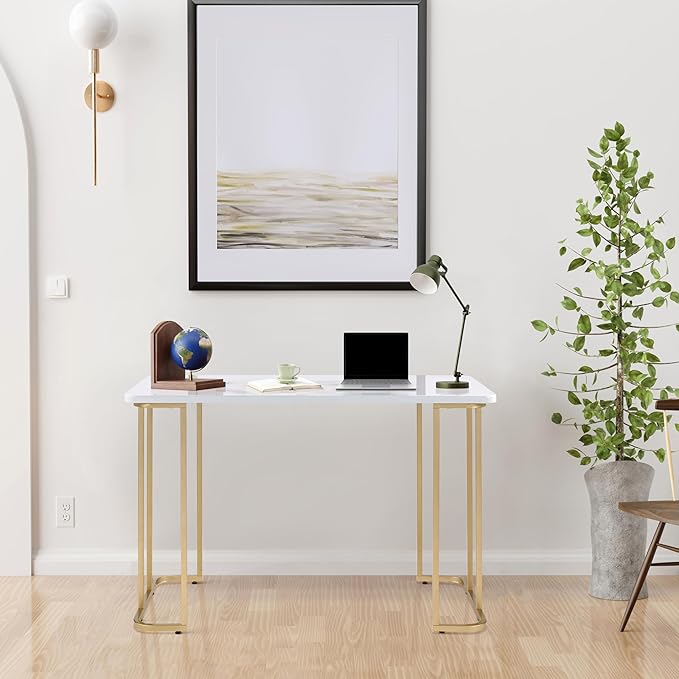 Home Office Desk White and Gold Writing Desk for Study Office Small Apartment
