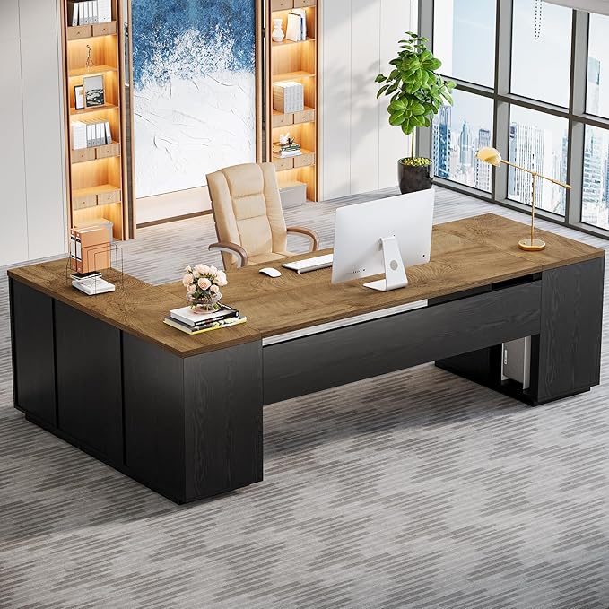 Tribesigns 85.8-Inch L-Shaped Executive Desk with File Drawers Door Cabinet &amp Shelves Extra Large Commercial Office Desk Modern Professional Office Table Business Furniture Natural &amp Blac