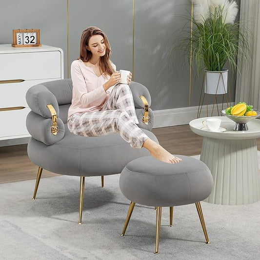 Velvet Accent Chair with OttomanModern Upholstered Armchair Tufted Chair with FootstoolSingle Sofa Chair with Golden Metal Legsfor Living Room (Gray-Chair and Ottoman)