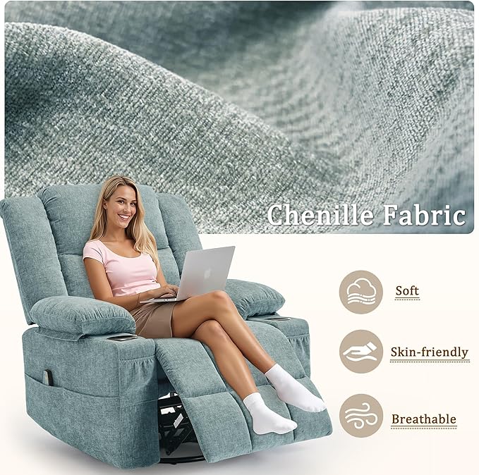 Adult 360° Swivel Rocking Recliner Nursery Rocking Chair with Massage and Heating Function Cup Holder Manually Adjustable Seat for Living Room and Bedroom (Fabric Lake Blue)