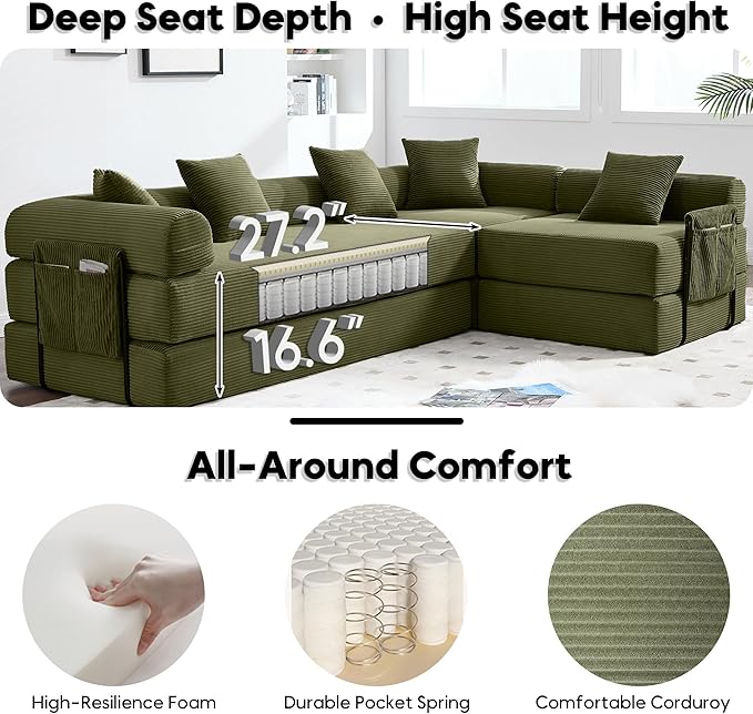 L Shape Convertible Sofa Bed with Cylindrical Pillow and Storage Pocket Convertible Sofa Couch Bed with Support Frame for Living Room Bedroom Children Room-Oliver Green