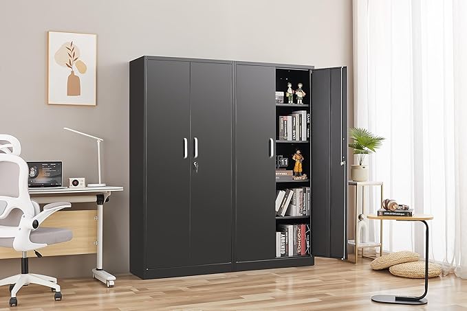 Metal Storage Cabinet with Adjustable Shelves Garage Cabinet with 2 Lockable Doors Garage Storage Cabinet Kitchen Pantry Cabinet - 71'H Black