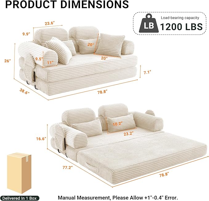 79 Boneless Couch with High Backrest Headrest Comfy Modular Foldable Floor Sleeper Sofa 5-in-1 Convertible Sofa Bed for Living Room Bedroom Lounge Studio White