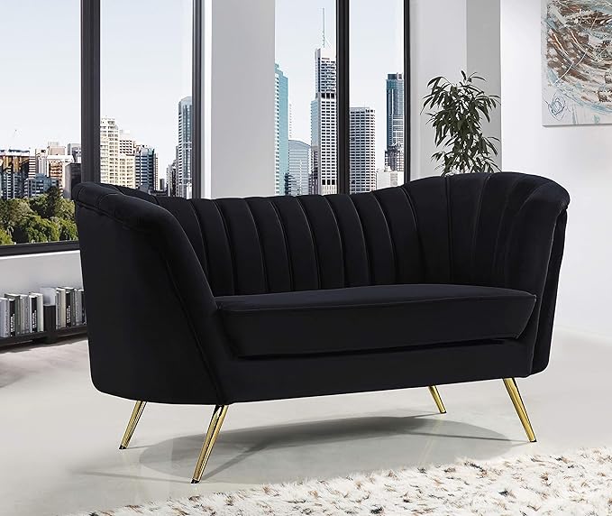 Meridian Furniture Margo Collection Modern | Contemporary Velvet Upholstered Loveseat with Deep Channel Tufting and Rich Gold Stainless Steel Legs Black 65 W x 30 D x 33 H