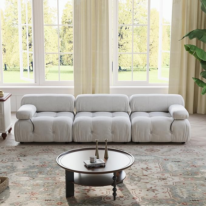 WJShome Modular Sectional Couch 103.95 inch Convertible Sofa Velvet 3 Seater Minimalist Couch for Living Room Modern Large Free Combination Sofa Beige