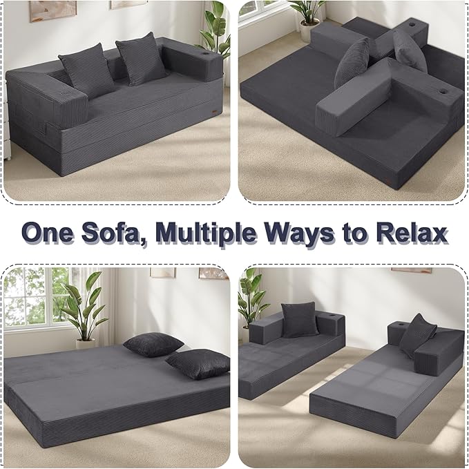 COMAX Boneless Couch Futon Sofa Bed Couches Versatile Queen for Living Room 79 4 in 1 Convertible Sleeper Corduroy Couch Foam in a Box Foldable Fold Out Floor Mattress No Assembly Required Grey