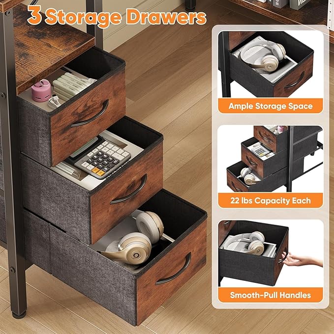 Alpen L Shaped Computer Desk 55 Inch Corner Desk with Drawers and Power Outlets Home Office Desk for Gaming Study Writing PC Table with Storage and Reversible Shelf Rustic Brown