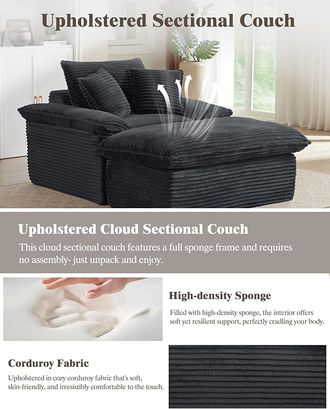Oversized Chaise Lounge Chair Indoor Upholstered Corduroy Couch with 3 PillowsComfy Fluffy Cloud CouchSingle Sleeper Sofa Chair for Livingroom (Deep Gray + Ottoman 52W X 70.87D)