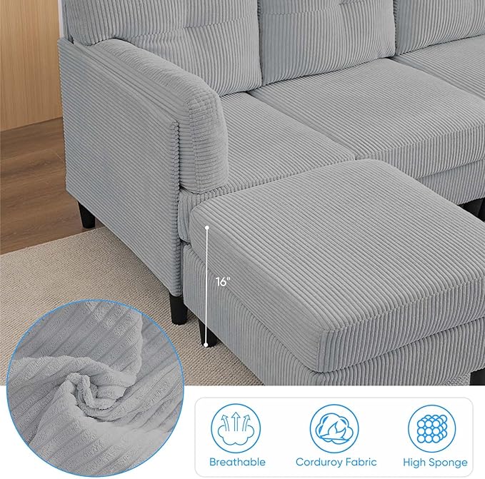 Mjkone Sectional Couch Sofa with Ottoman U Shape Sofa for Living Room Corduroy Convertrible Couches with Double Chaises 6 Seater Sofas for Living Room/Home Office/Guest (Light Grey)