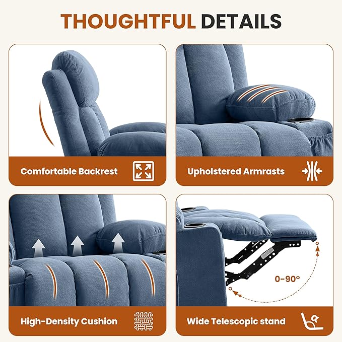 Massage Recliner Chair with Vibration Massage and Lumbar Heating for Living Room Swivel Rocker Recliners Single Sofa with Side Pocket &amp 2 Cup Holders Soft Comfort Ergonomic Design (Blue)