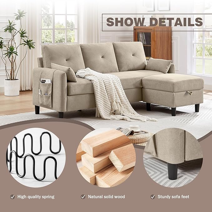 Convertible Sectional Sofa 77 Small L Shaped 3 Seat Couch with Reversible Storage Chaise Modern Polyester Fabric Sofa Couches for Living Room Apartment and Small Space Beige
