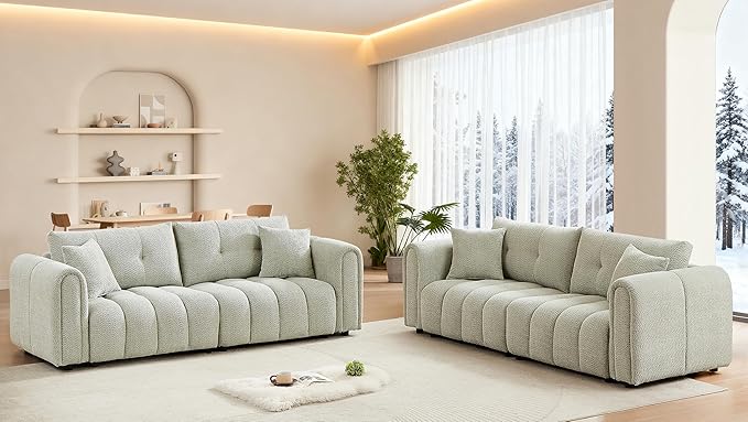 Mid Century Modern Boucle Sofas for Living Room 3 Seater Couch with Deep Seat Comfy Sherpa Cloud Couch Oversized Loveseat for Apartment Bedroom Home Office 91.5 Inch Mint Green