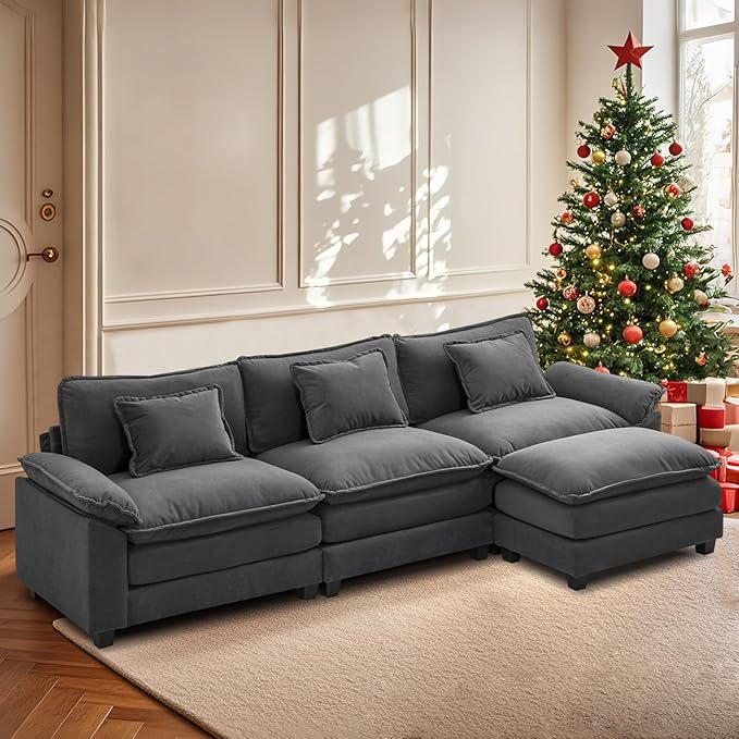 Modular Sectional Sofa Cloud Couch with Ottoman Deep Seat L Shaped Velvet Sofa Couches for Living Room Apartment (Dark Grey L Shaped-3 Seat &amp Ottoman)