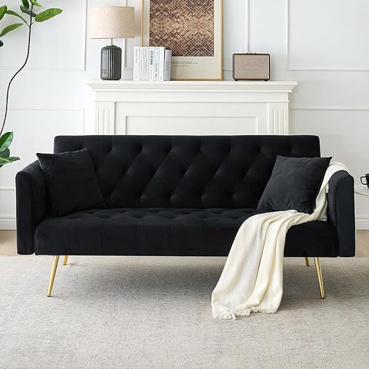 71 Convertible Folding Sleeper Sofa CouchModern Velvet Loveseat Sleeper with 2 Pillows Futon Sofa Bed with Mattress and Frame for Living RoomBedroomSmall Space (Black)