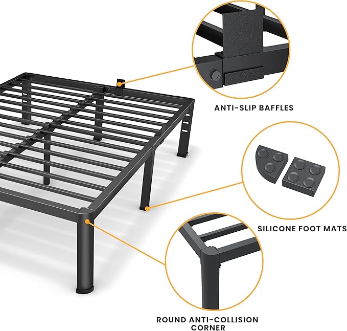14 Inch California King Bed Frame Metal Platform Bed Frame with Round Corner Legs 3500 lbs Heavy Duty Steel Slats Support No Box Spring Needed Noise Free Easy Assembly Black