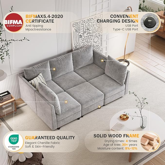 Apicizon Modular Sectional Sofa Armrest Backrest Module Couch Side Sectional Part Armrest/Backrest with USB Charging Ports Light Gray
