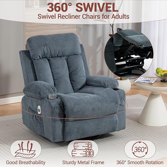 360° Swivel Rocking Chair Rocker Recliner Chair with Vibration Massage and Heat Ergonomic Lounge Chairs with Rocking Function and Side Pocket Cup Holders Blue