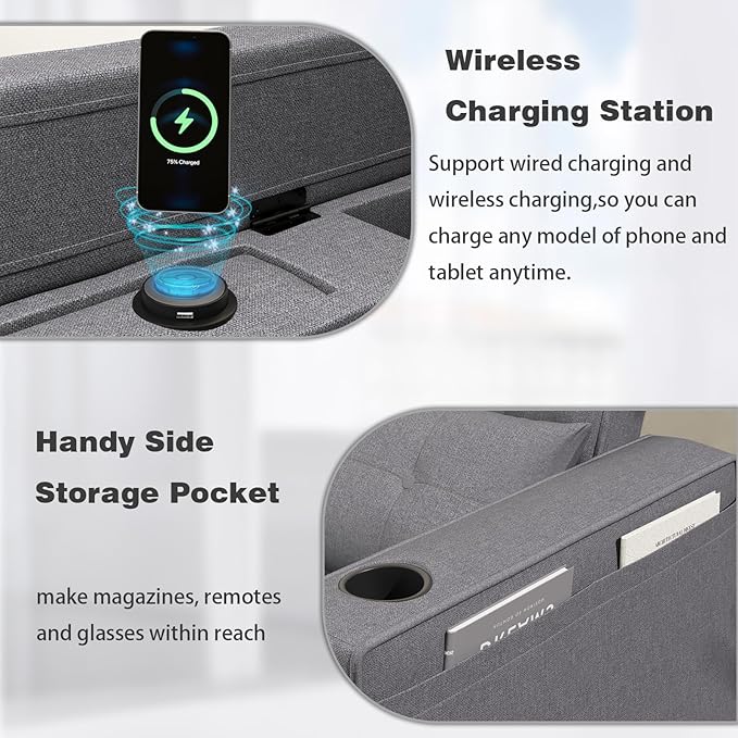 3-in-1 Convertible Chair Bed Sleeper with Phone Holder Pull Out Sofa Bed with USB &amp Type C Port and Wireless Charging Reading Chair with Adjustable Backrest for Living Room