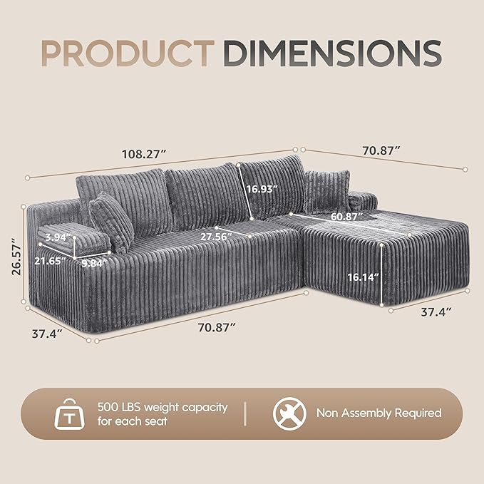 Modular Sectional Sofa Couches L-Shape Couch 3 Seat Modular Sofa Memory Foam Sectional Couches for Living Room Cloud Couch with Oversized Chaise (Light Grey Stripe 108 Right Facing Chaise)