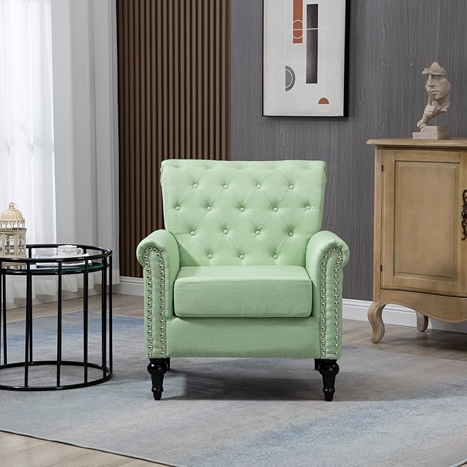 Mid Century Modern Accent Chair Linen Armchair wTufted BackWood Legs Upholstered Lounge Arm Chair Single Sofa for Living Room Bedroom Grass Green