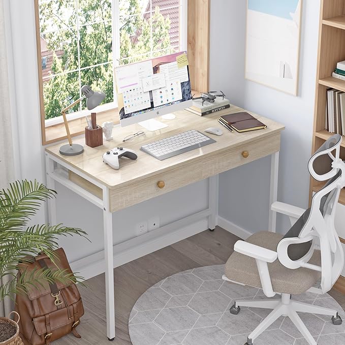 Weehom Computer Desk with Drawers Home Office Desk for Writing Studying and Gaming - Sturdy and Spacious Workstation for PC and Laptop(Beige)