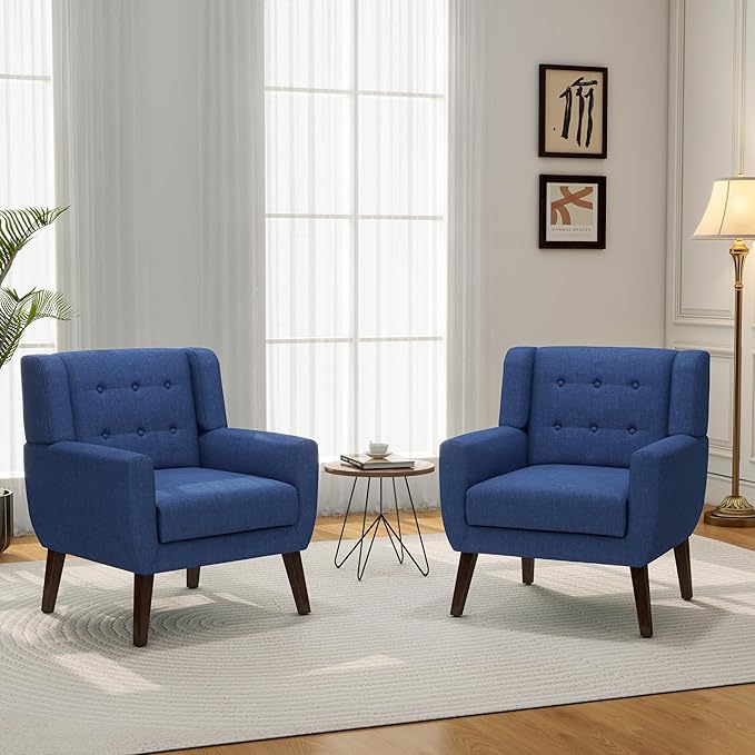 Accent Chair Mid-Century Modern Fabric Chairs with Arms for Living Room Comfy Upholstered Club Single Sofa Armchair for Bedroom Waiting Room with Solid Wood Frame (Fabric Navy Blue Set of 1)