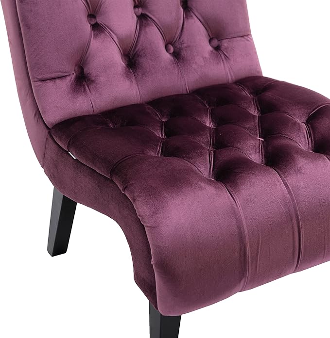 Velvet Accent Lounge Chair for Living Room Modern Leisure Chair with Tufted Backrest Indoor Armless Side Chair Upholstered Bedroom Sleeper Chair with Solid Wood Legs (Purple)