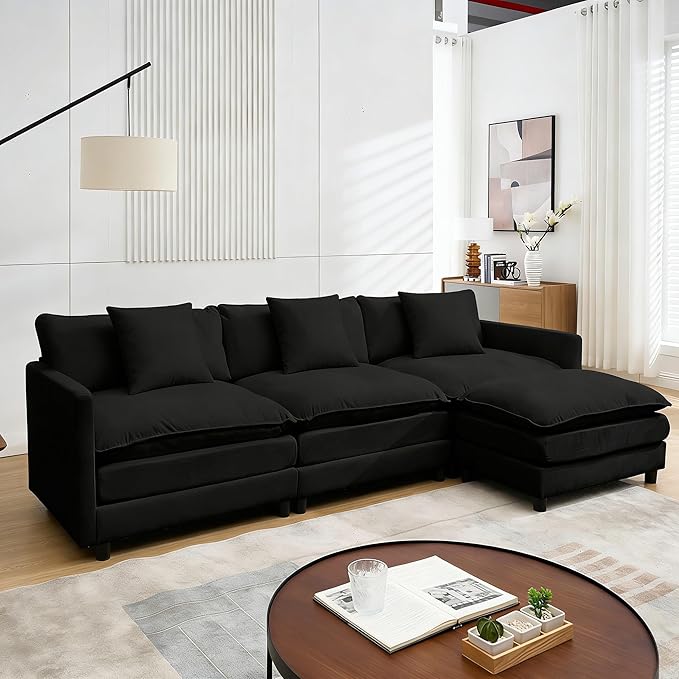 Oversized Modular Sectional SofaSofa Couch with Movable Ottoman Deep SeatSoft Chenille Corduroy Cloud Couches for Living Room ApartmentOffice (Black 3+1 L)