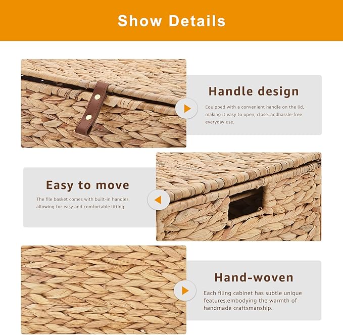 Rolling File Cabinet Basket with Smooth Rubber Casters Water Hyacinth Mobile File Organizer with Metal Frame for Home Office Fits Letter &amp Legal Hanging File Folders (Natural)