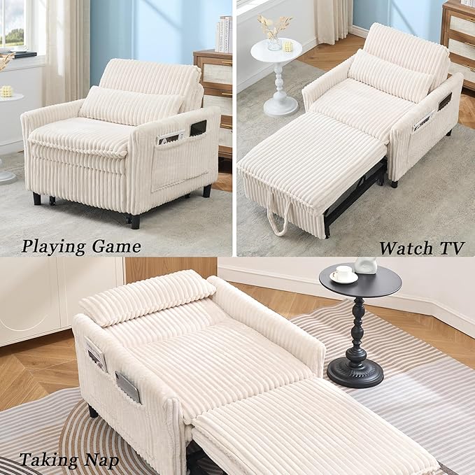 3-in-1 Convertible Sofa Chair BedPull Out Couch Single Sleeper Chair Bedwith Adjustable Backrest with Side Pockets Lounge Sofa for Living Room Bedroom Small Spaces (Beige)