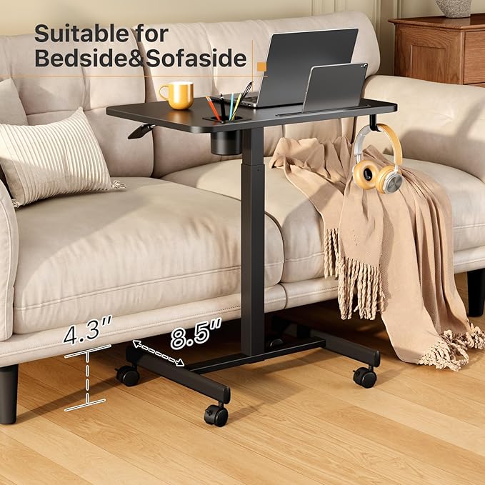Mobile Standing Desk Rolling Laptop Cart Adjustable Height with Cup Holder 28 inch Portable Table with 4 Lockable Wheels Black Computer Workstation with Hook and Slots for Home Office