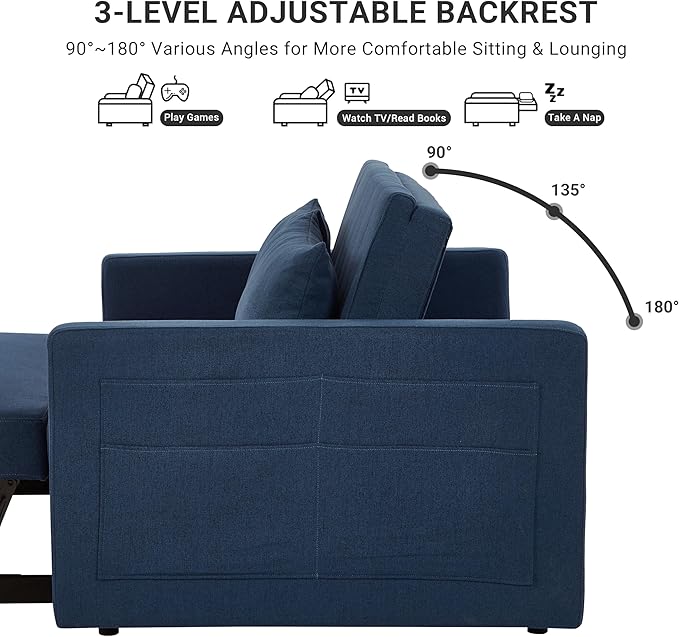 55.5 Fabric Convertible Sofa Bed Pull Out Sleeper Sofa Bed Loveseat Couch with Side Pocket 3 in 1 Convertible Sleeper Sofa Bed for Living Room Apartment Bedroom RV Navy Blue