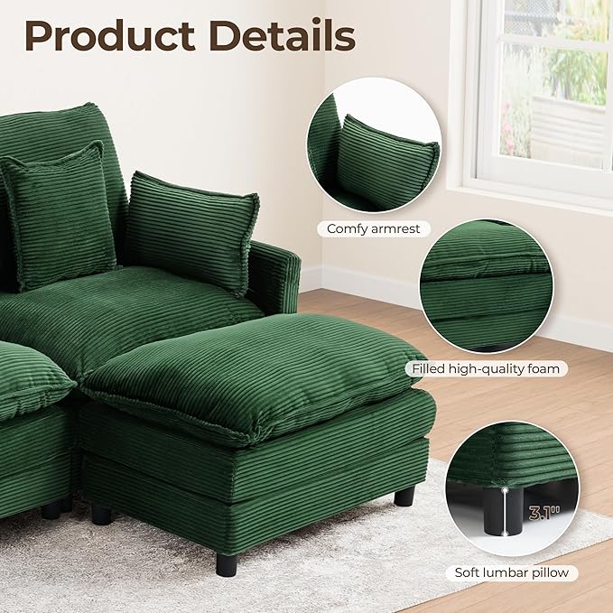 113'' L Shaped Cloud Couch 4-Seater Modular Sectional Sofa with Double Layer Upholstered Seat Cushion Corduroy Deep Seat Couches with Ottoman &amp Pillows for Living Room &amp Apartment Green