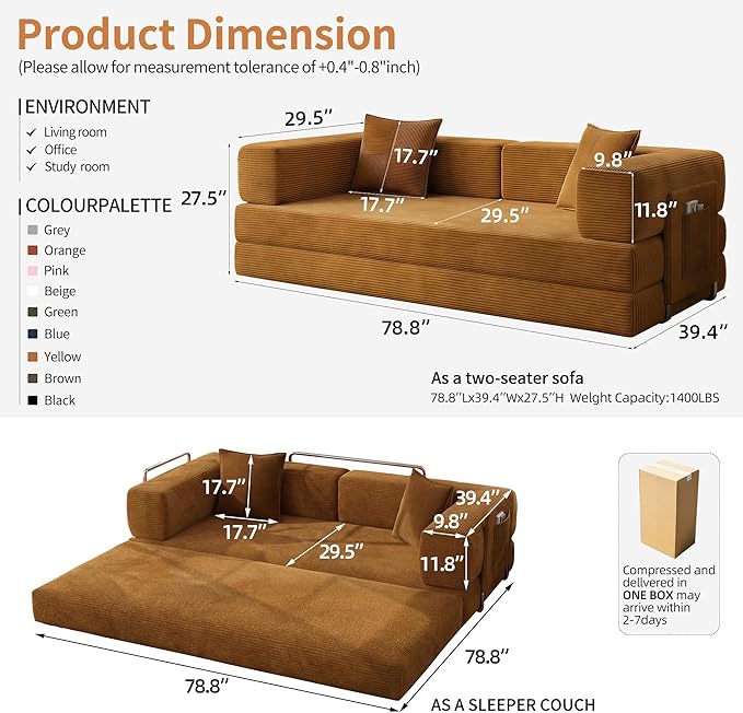 78.8 Convertible Sofa Bed with Armrest Pillow 4-in-1 Sleeper Couch Bed for Livingroom Modular Corduroy Boneless couches No Assembly (Yellow)